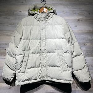 OOBE Brand Kinsley Goose Down Hooded Jacket Coat Beige Mens Large Quilted Puffer